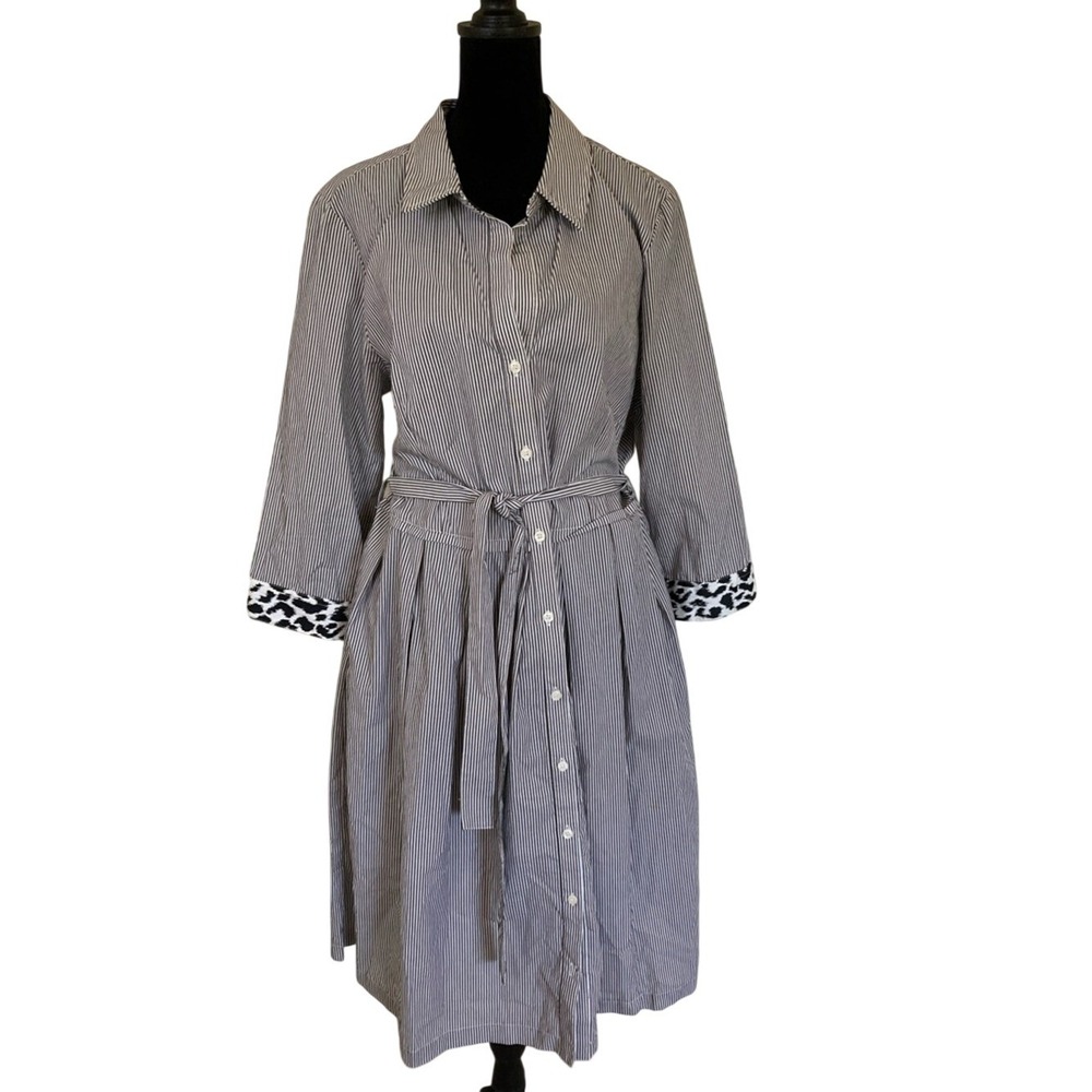 Sharagano Womens Striped Black White Shirt Dress Tie Waist Size 16‎ 3/4 Sleeve